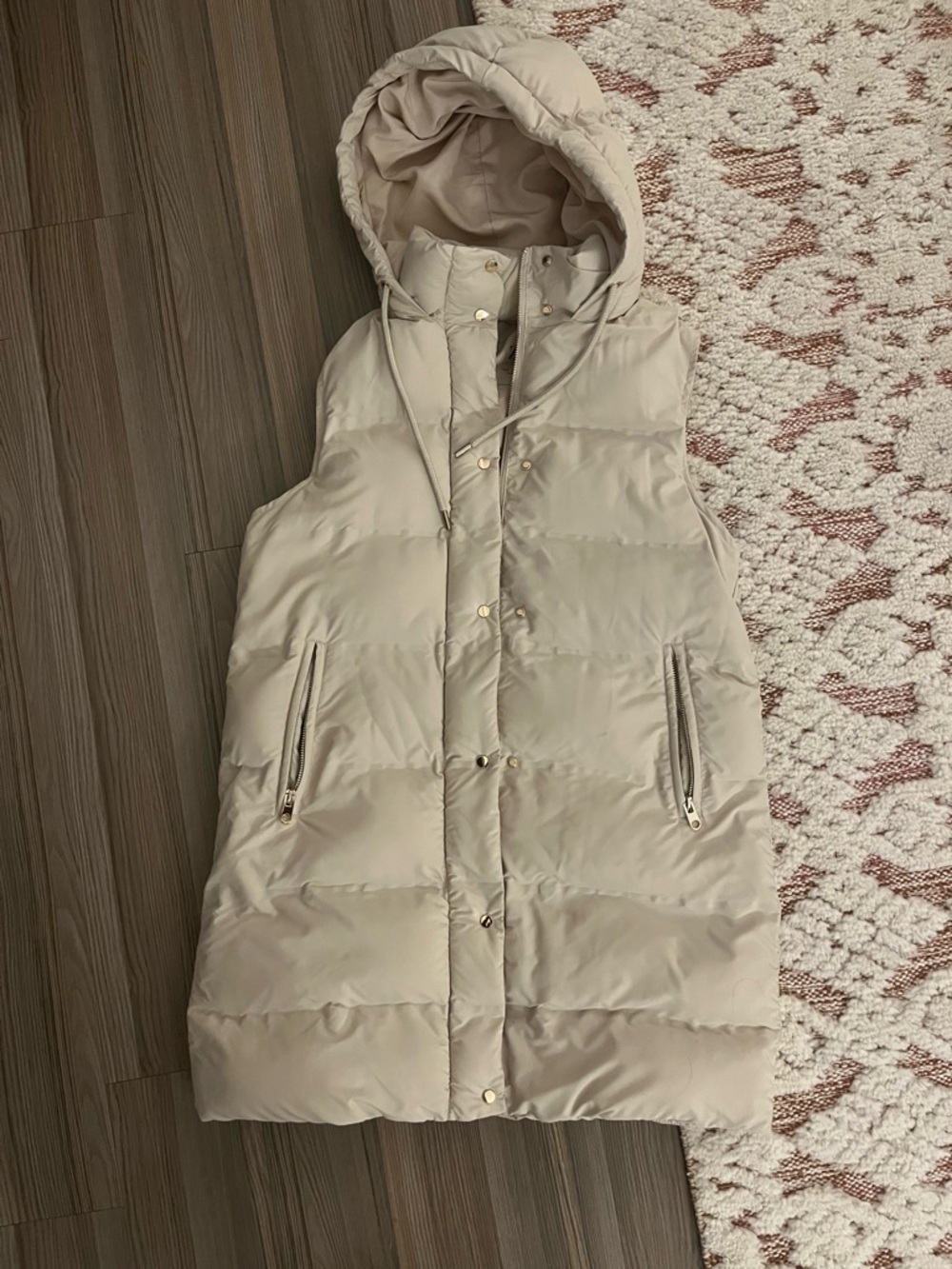 Zara Hooded Sleeveless Puffer Vest - Beige